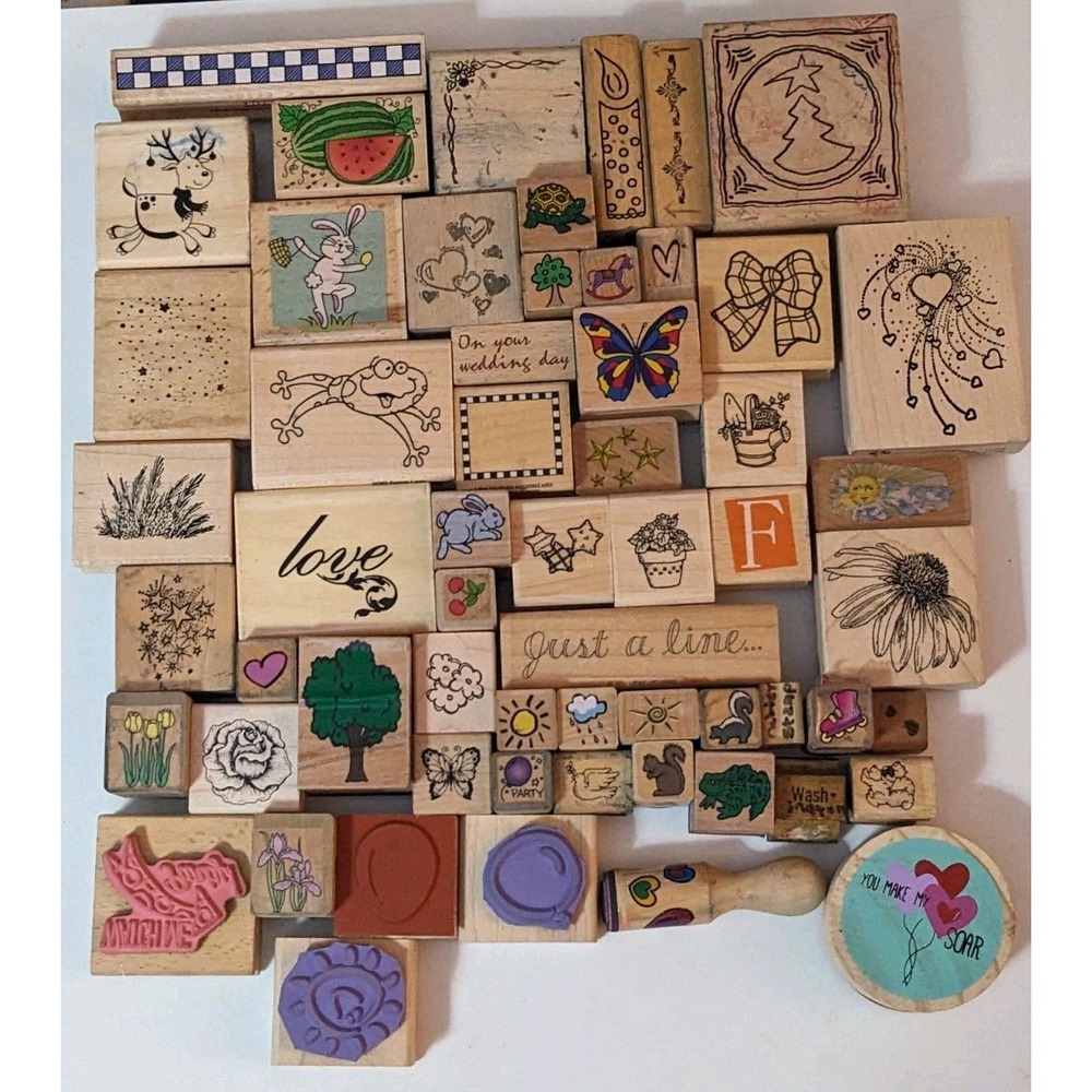 LOT OF 50+ Wood Rubber Ink Stamps Assorted Scrapbooking Cards Teachers READ